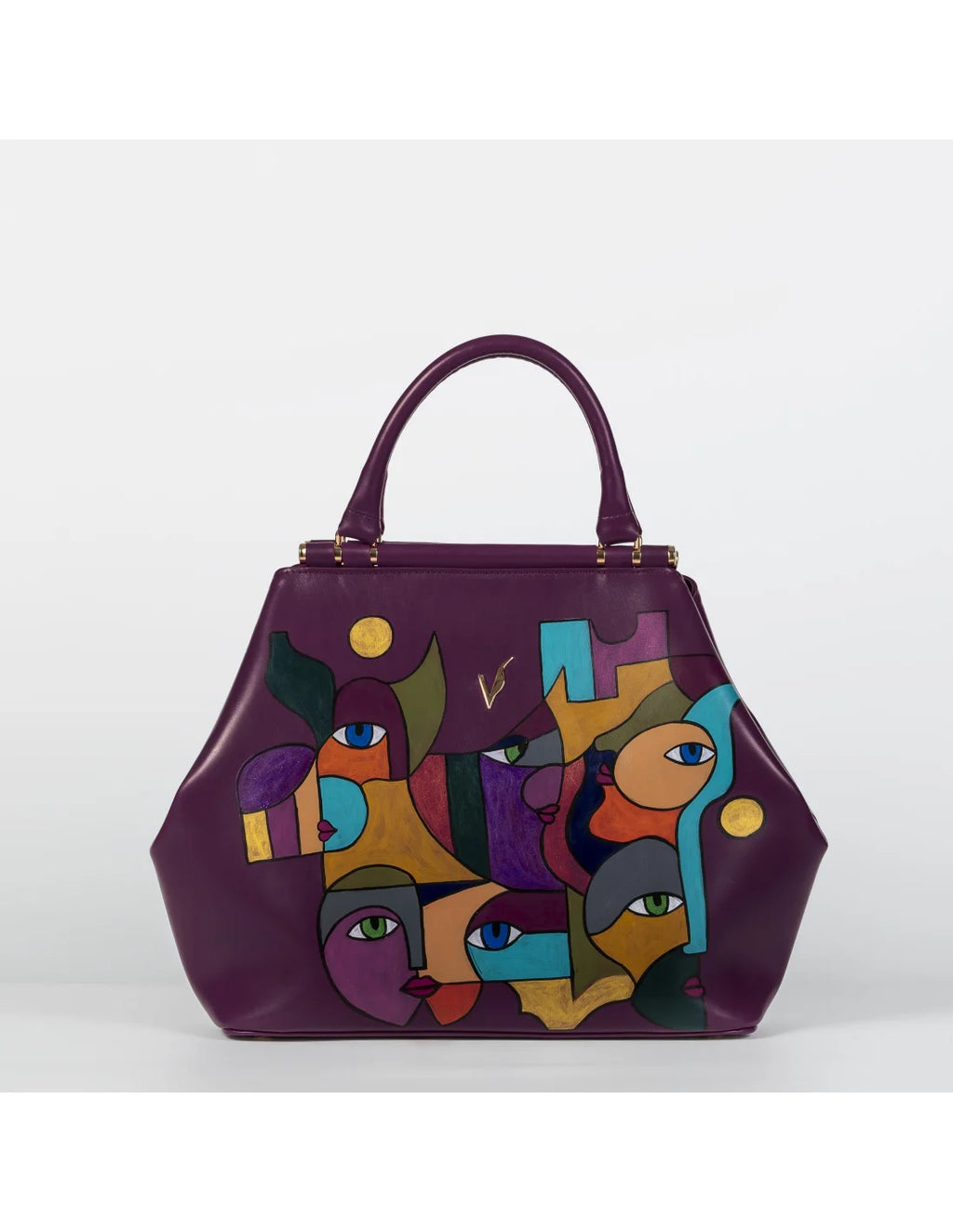 Geanta din piele naturala pentru dama IRIS pruna, pictata manual