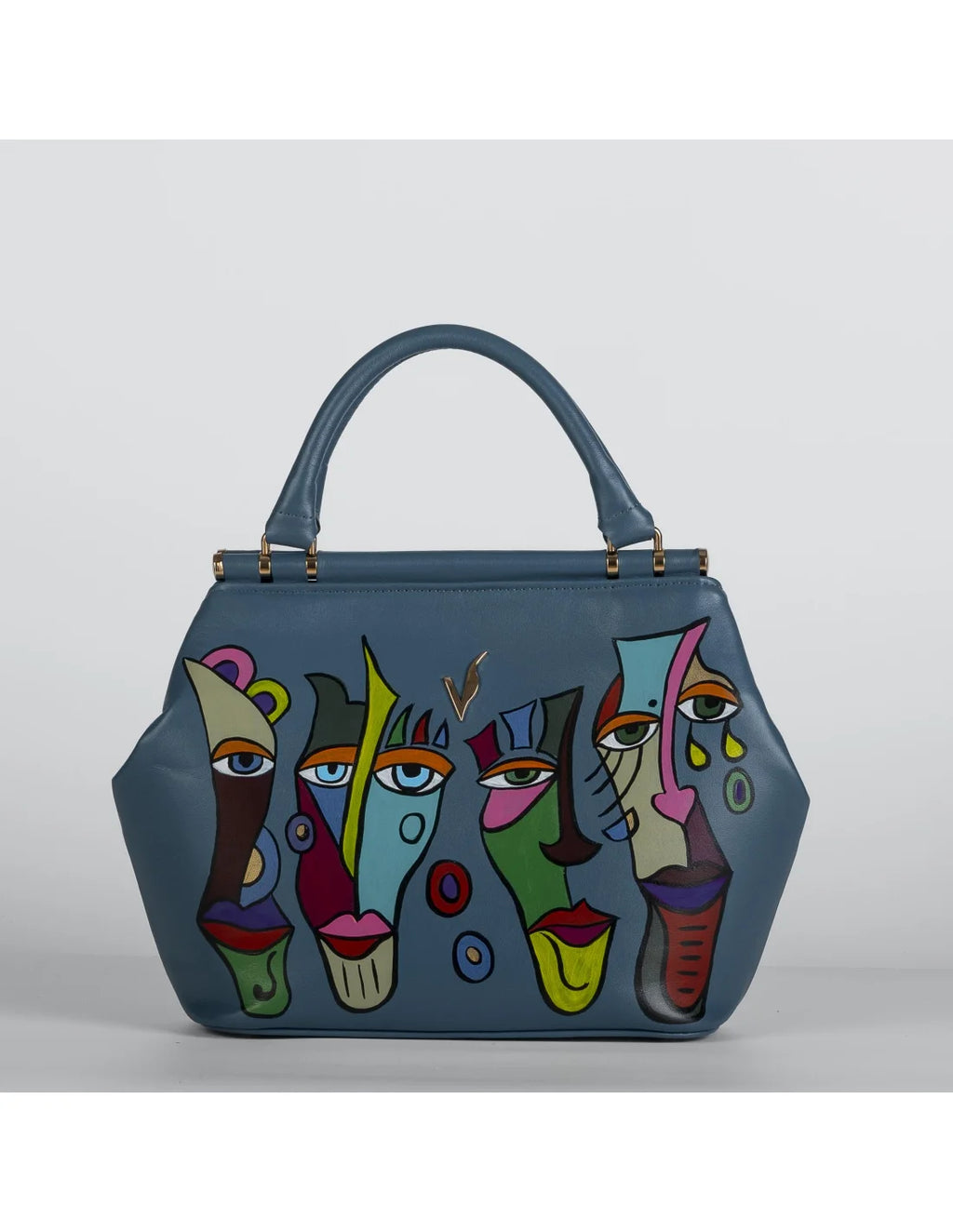 Geanta din piele naturala pentru dama miniIRIS albastru petrol, pictata manual