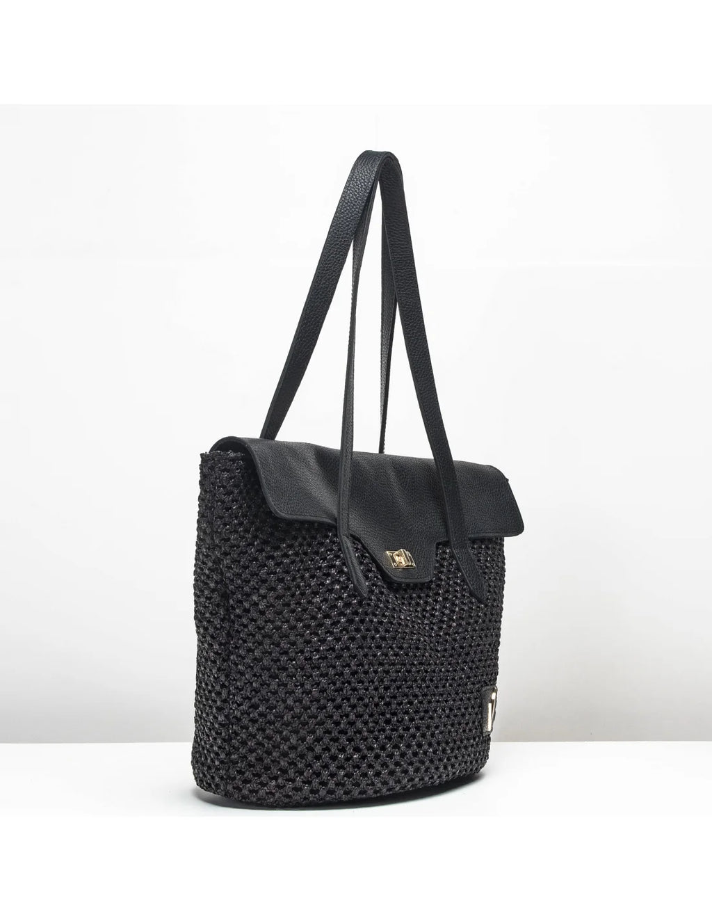 Geanta tote din rafie si piele naturala pentru dama VIOLETA, negru