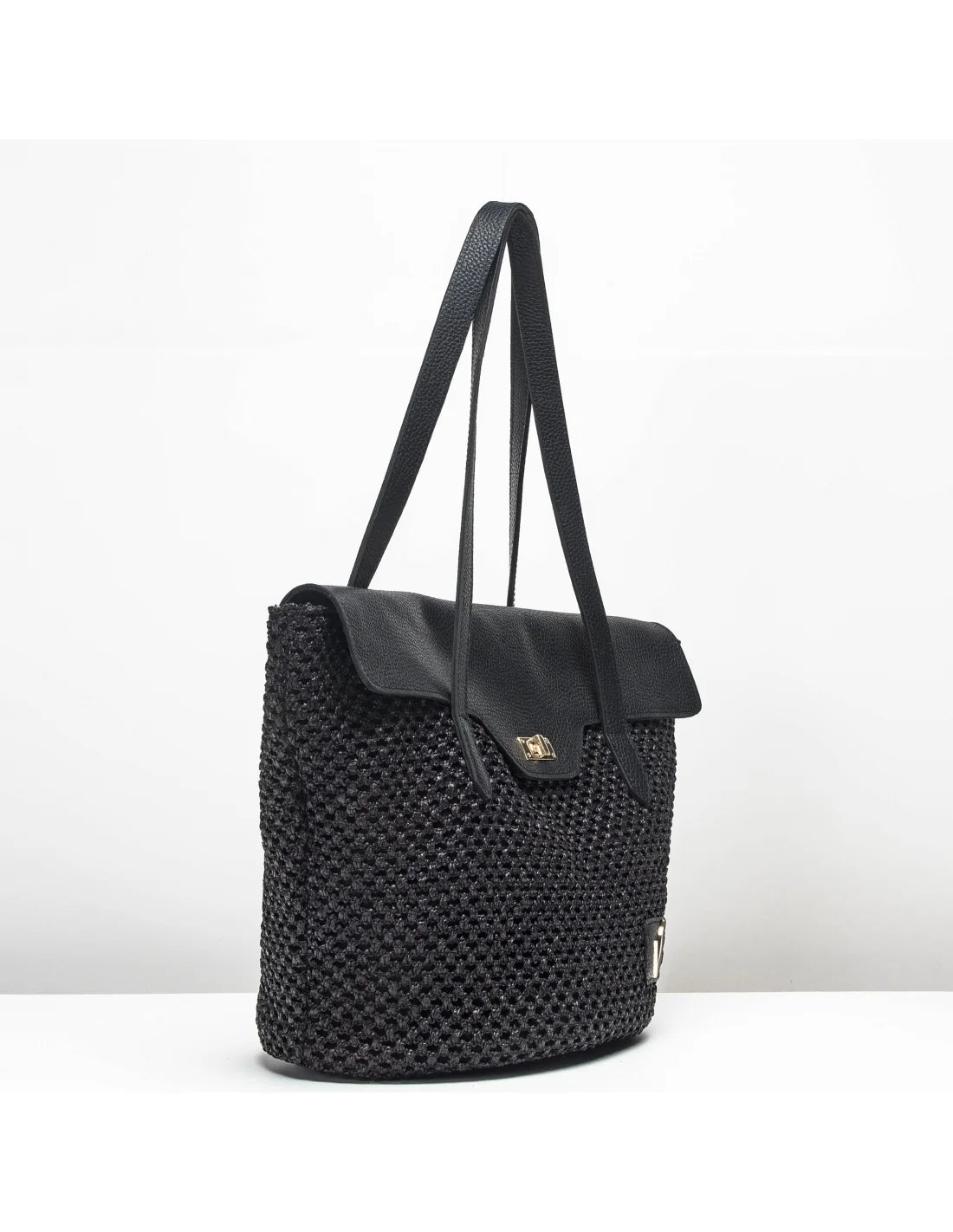 Geanta tote din rafie si piele naturala pentru dama VIOLETA, negru