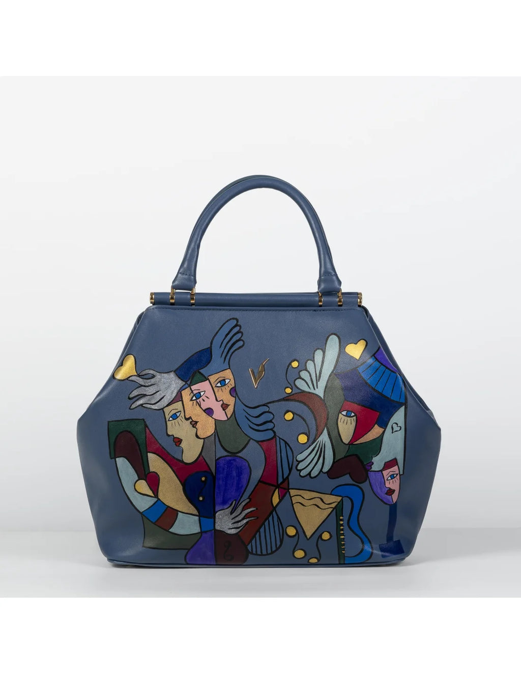 Geanta din piele naturala pentru dama IRIS albastru petrol, pictata manual