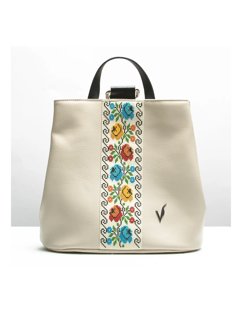 Rucsac din piele naturala, pentru dama, GOLDIE, crem, brodat