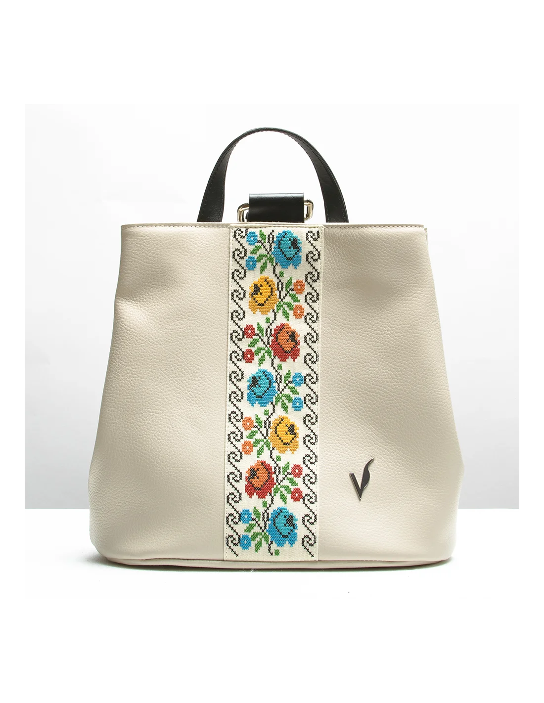 Rucsac din piele naturala, pentru dama, GOLDIE, crem, brodat