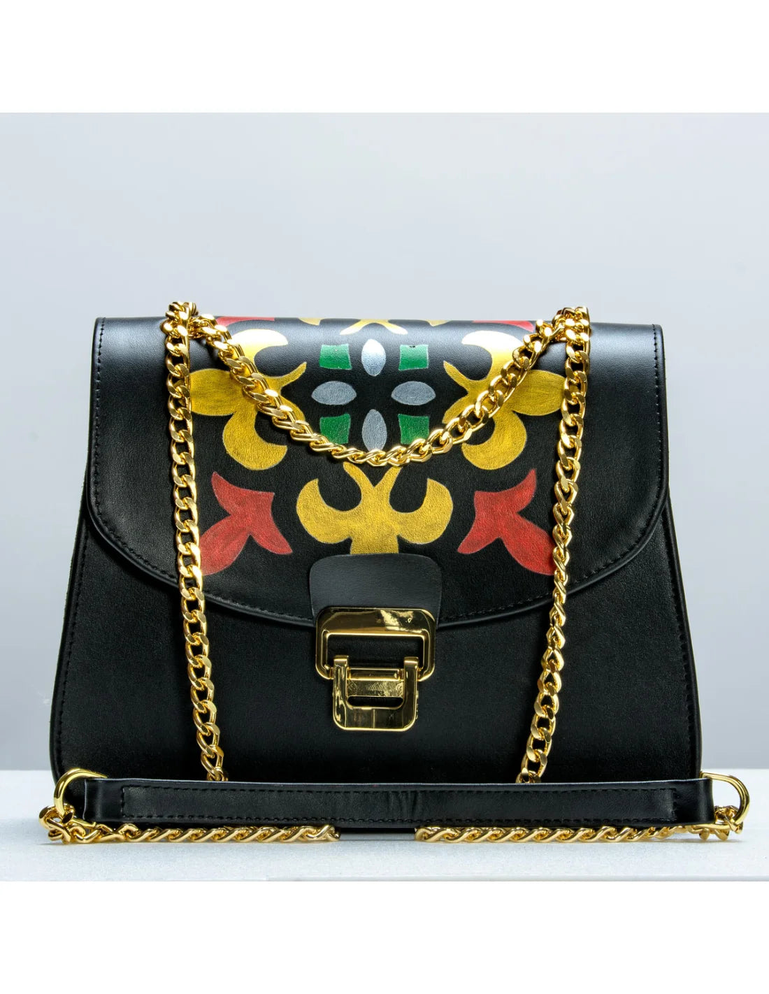 Geanta din piele naturala pentru dama BIANCA negru v2, pictata manual