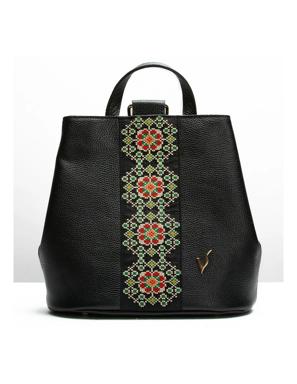 Rucsac din piele naturala, pentru dama, GOLDIE, negru, brodat