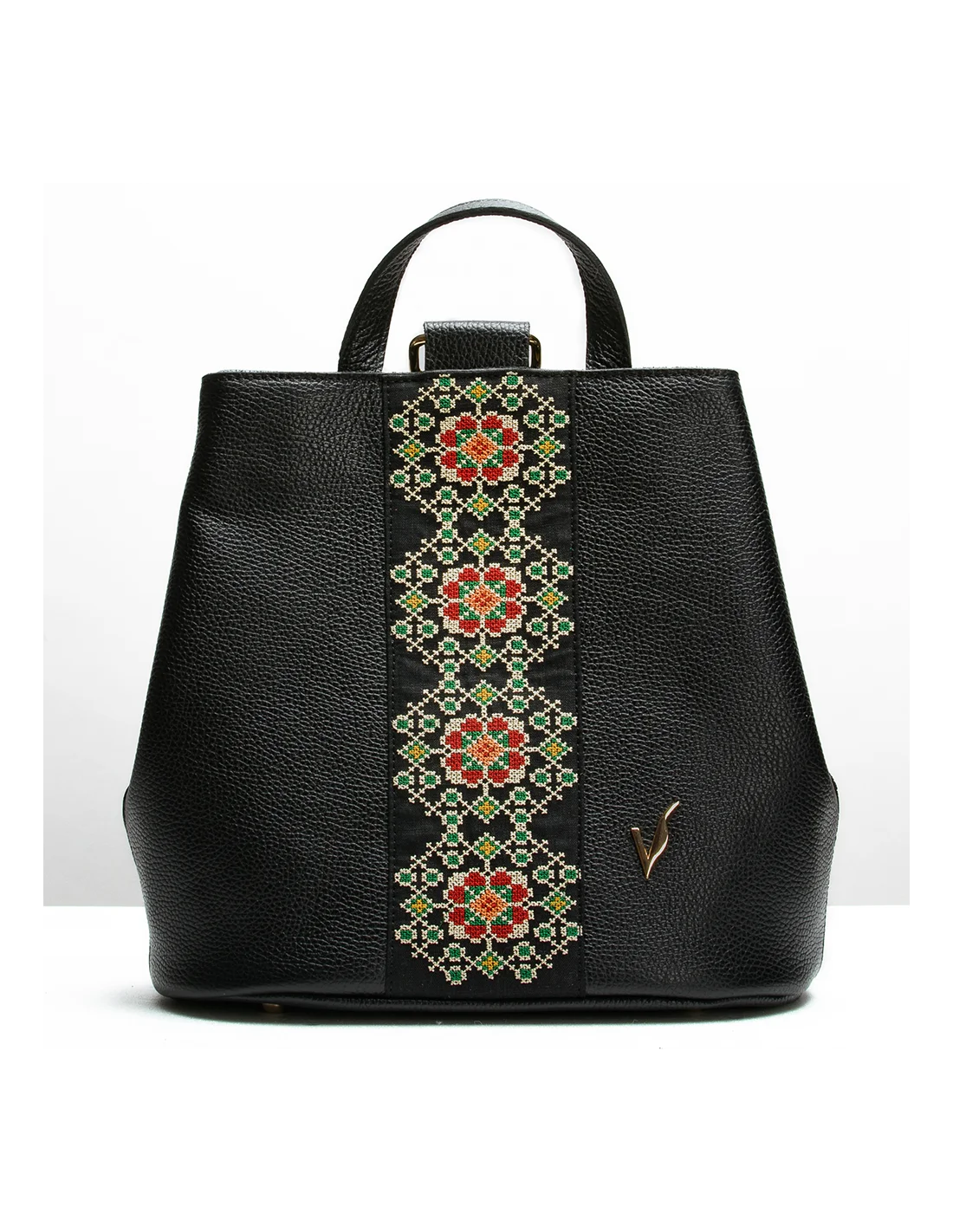 Rucsac din piele naturala, pentru dama, GOLDIE, negru, brodat