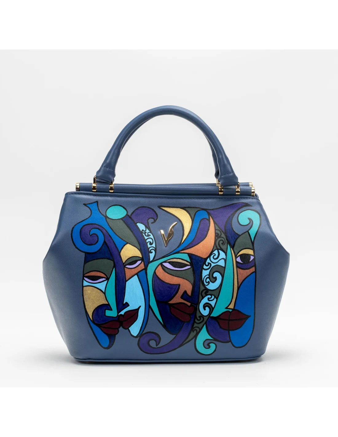 Geanta din piele naturala pentru dama miniIRIS albastru cobalt, pictata manual