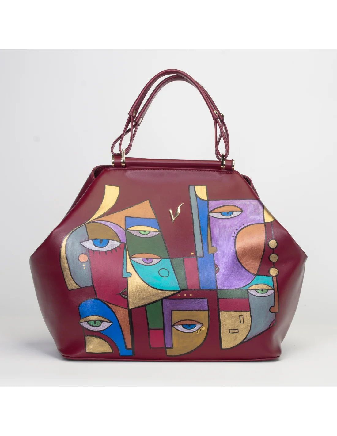 Geanta din piele naturala pentru dama IRIS visiniu, pictata manual
