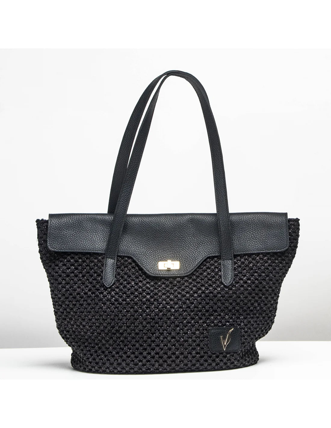 Geanta tote din rafie si piele naturala pentru dama VIOLETA, negru