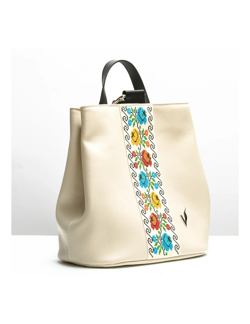 Rucsac din piele naturala, pentru dama, GOLDIE, crem, brodat