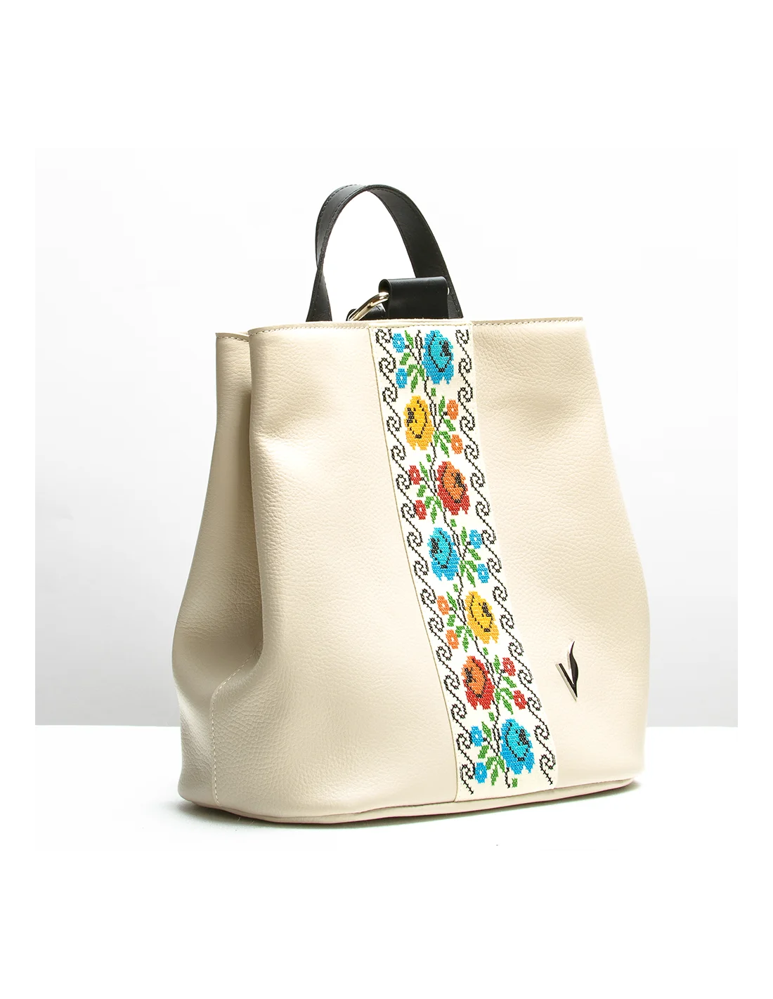 Rucsac din piele naturala, pentru dama, GOLDIE, crem, brodat