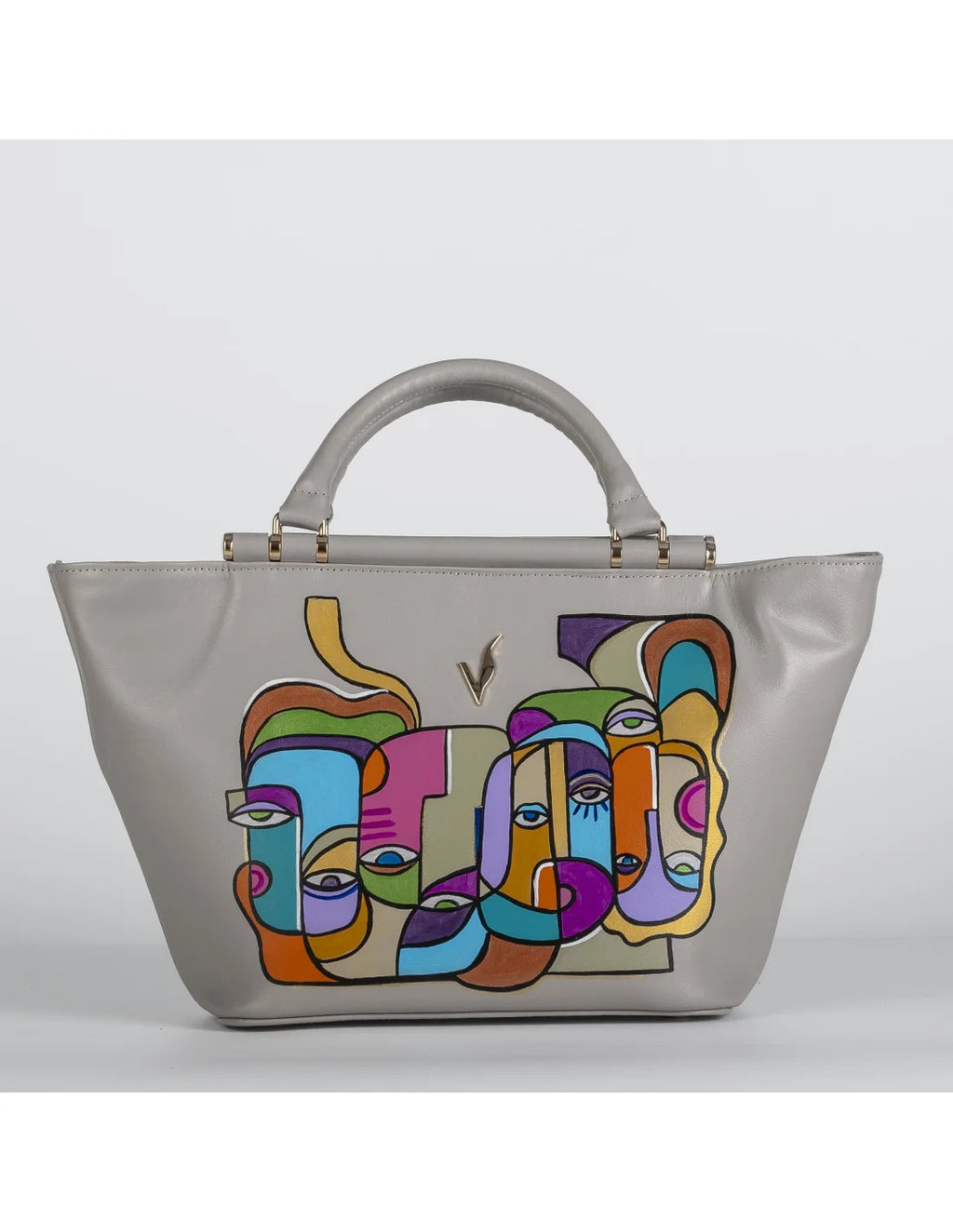 Geanta din piele naturala pentru dama miniIRIS  grej, pictata manual