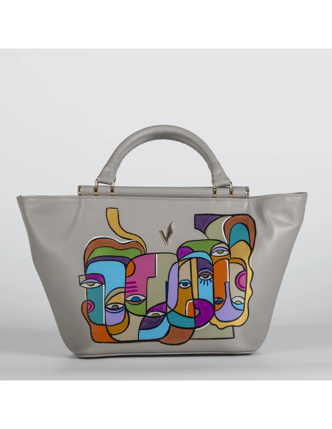 Geanta din piele naturala pentru dama miniIRIS  grej, pictata manual