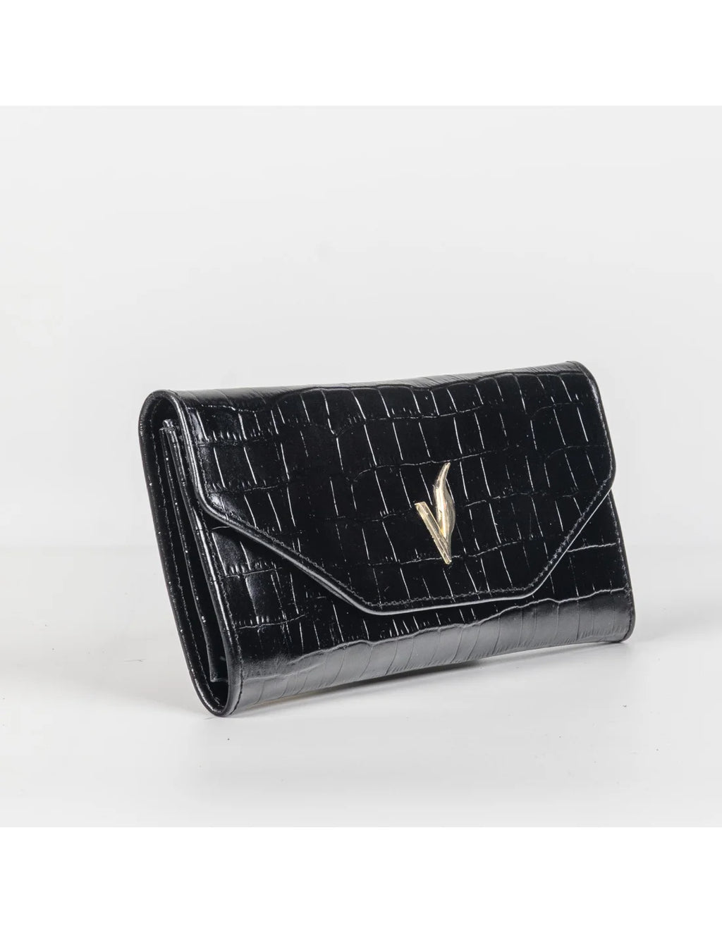 Portofel din piele naturala, negru croco