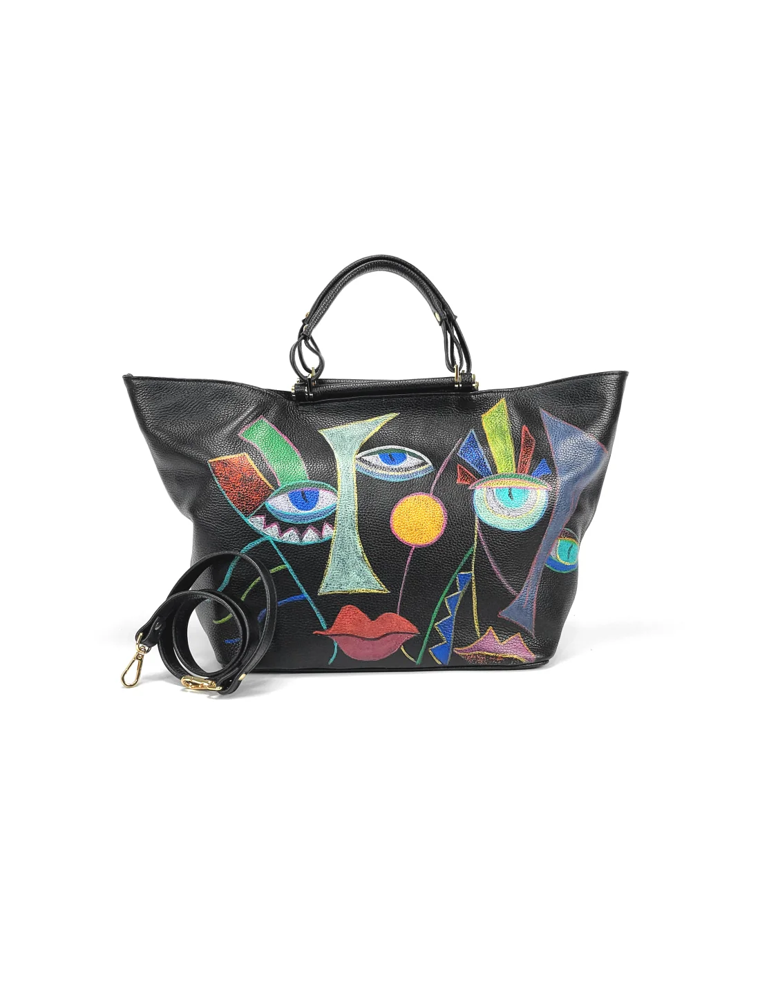 Geanta din piele naturala pentru dama IRIS neagra, pictata manual