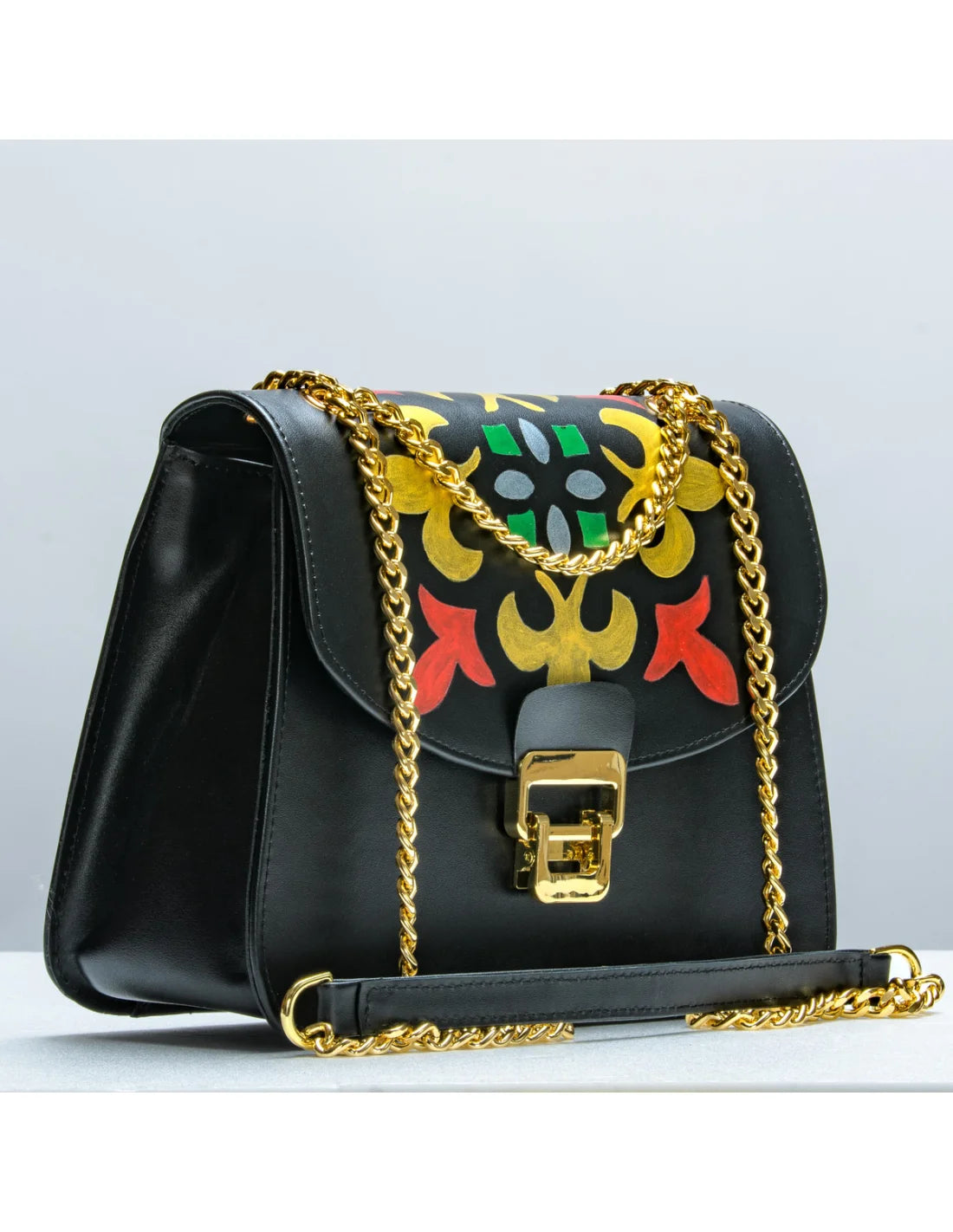 Geanta din piele naturala pentru dama BIANCA negru v2, pictata manual