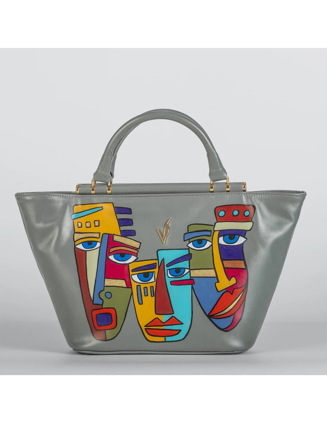 Geanta din piele naturala pentru dama miniIRIS gri verzui, pictata manual