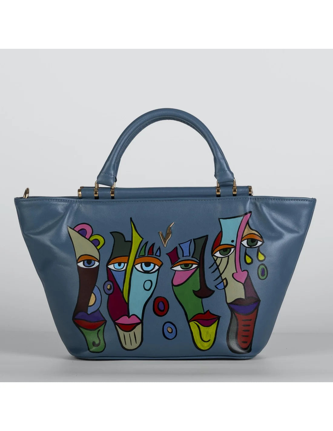 Geanta din piele naturala pentru dama miniIRIS albastru petrol, pictata manual