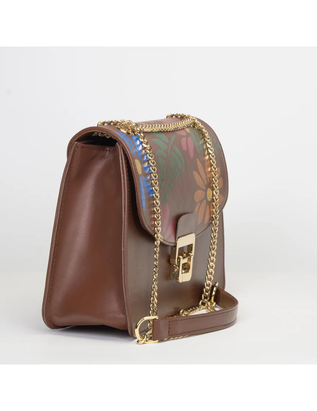 Geanta din piele naturala pentru dama BIANCA maro, pictata manual