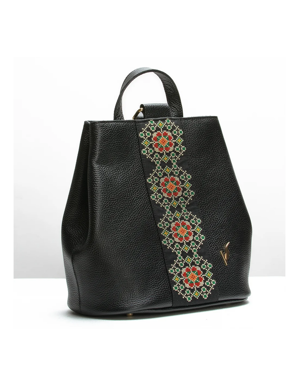 Rucsac din piele naturala, pentru dama, GOLDIE, negru, brodat