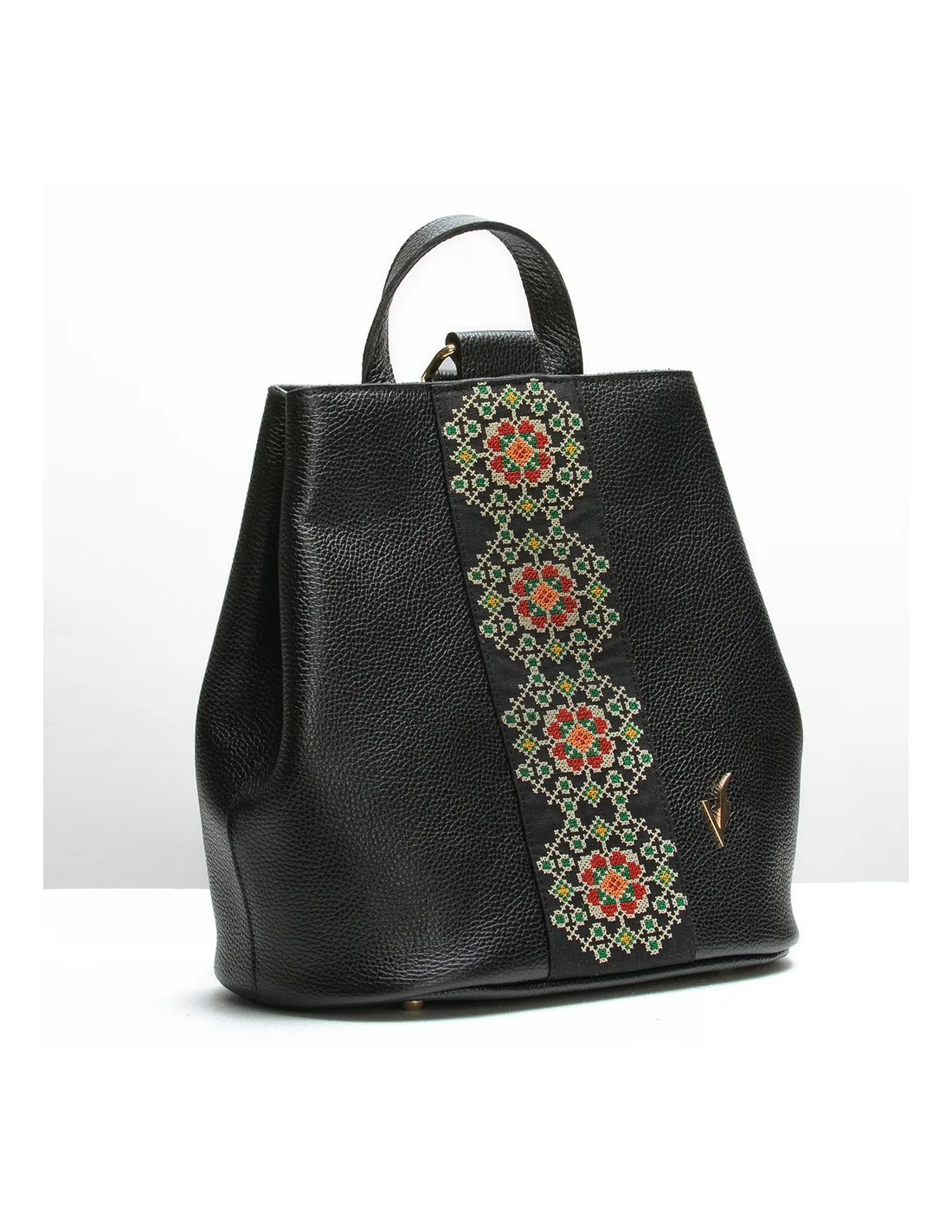 Rucsac din piele naturala, pentru dama, GOLDIE, negru, brodat