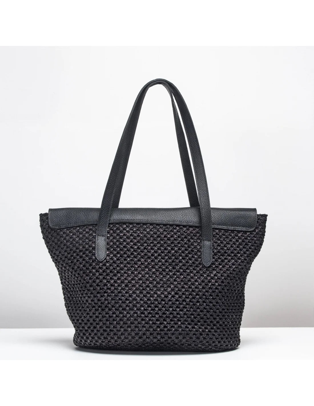 Geanta tote din rafie si piele naturala pentru dama VIOLETA, negru