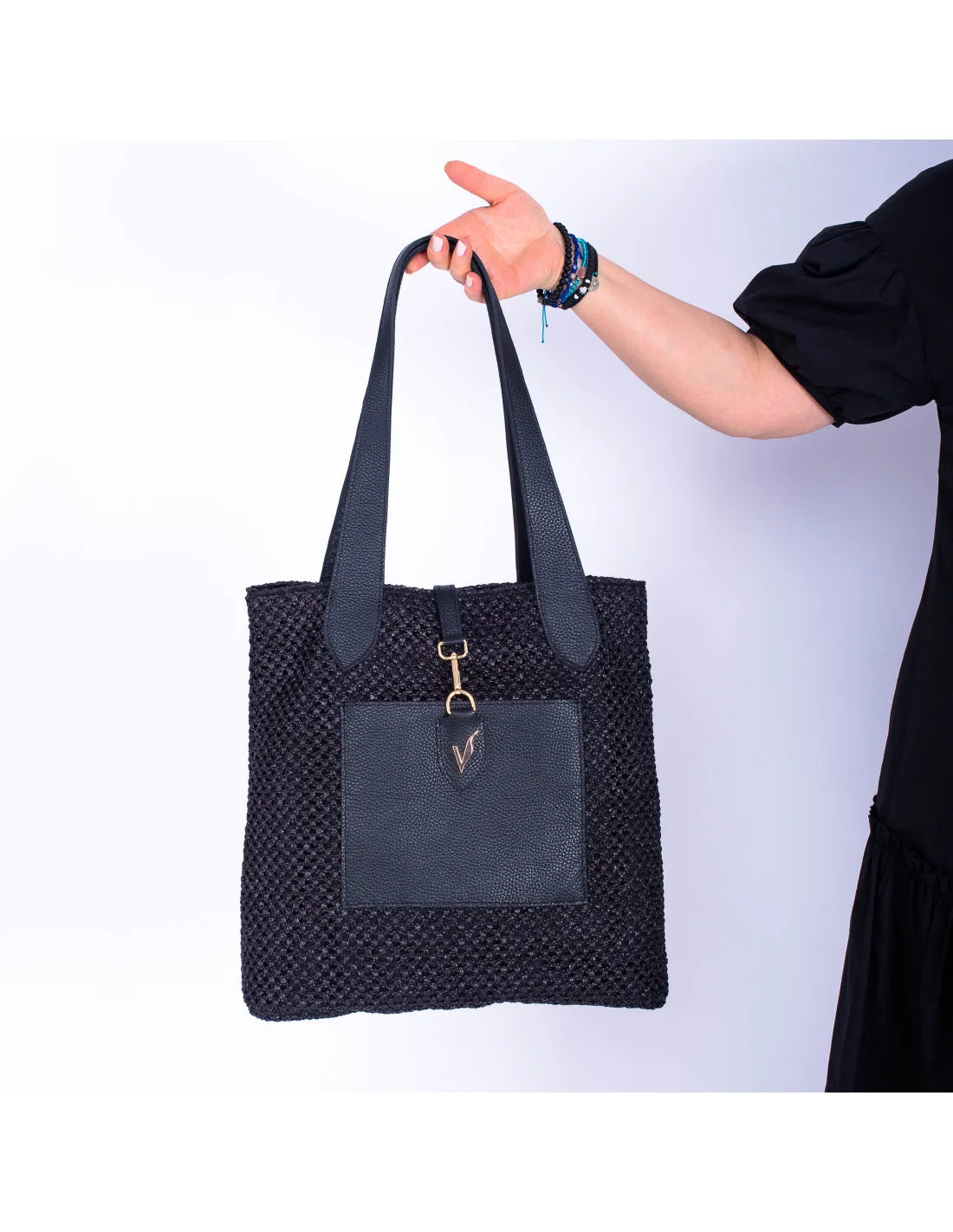 Geanta tote din rafie si piele naturala pentru dama VERONICA, negru