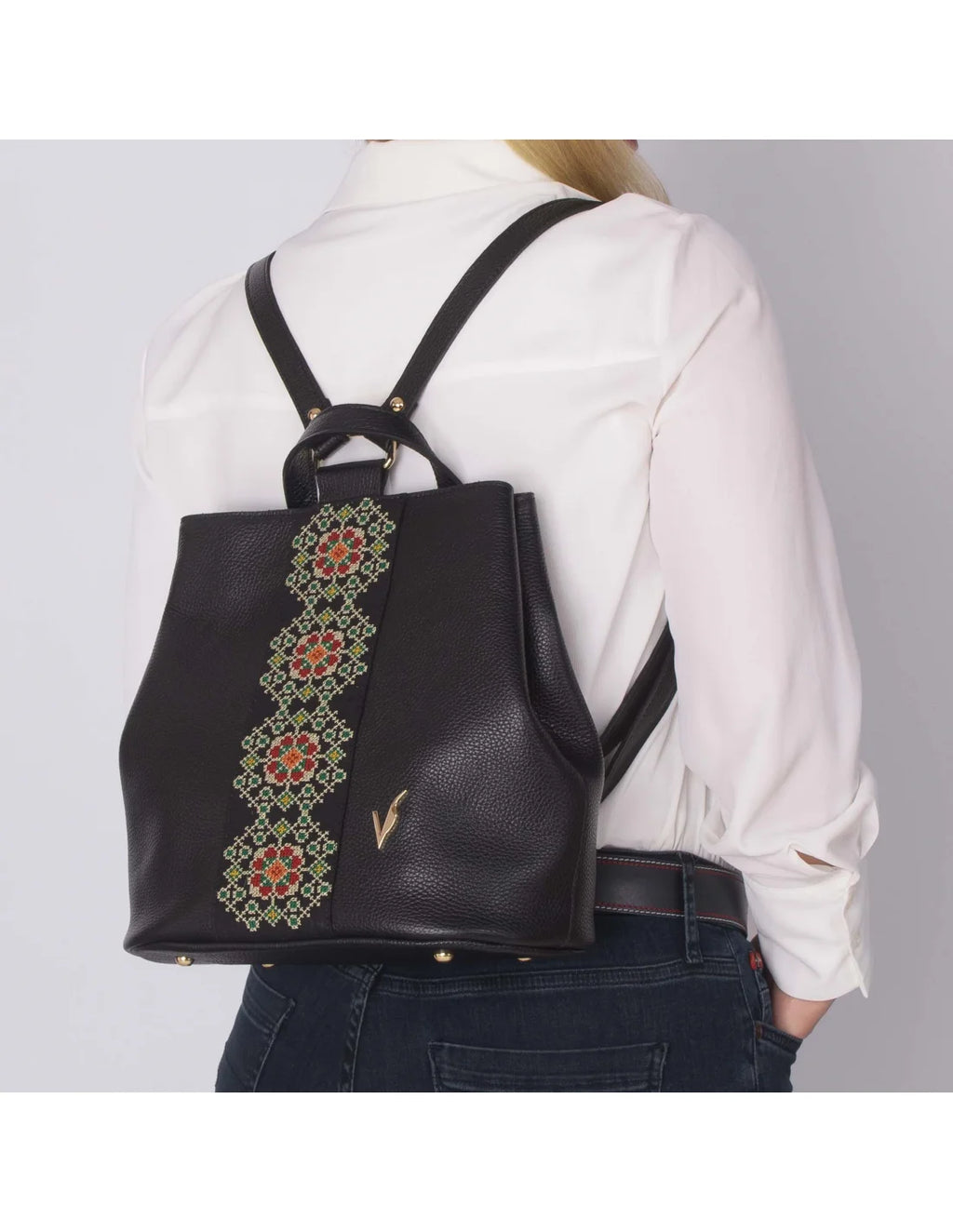 Rucsac din piele naturala, pentru dama, GOLDIE, negru, brodat