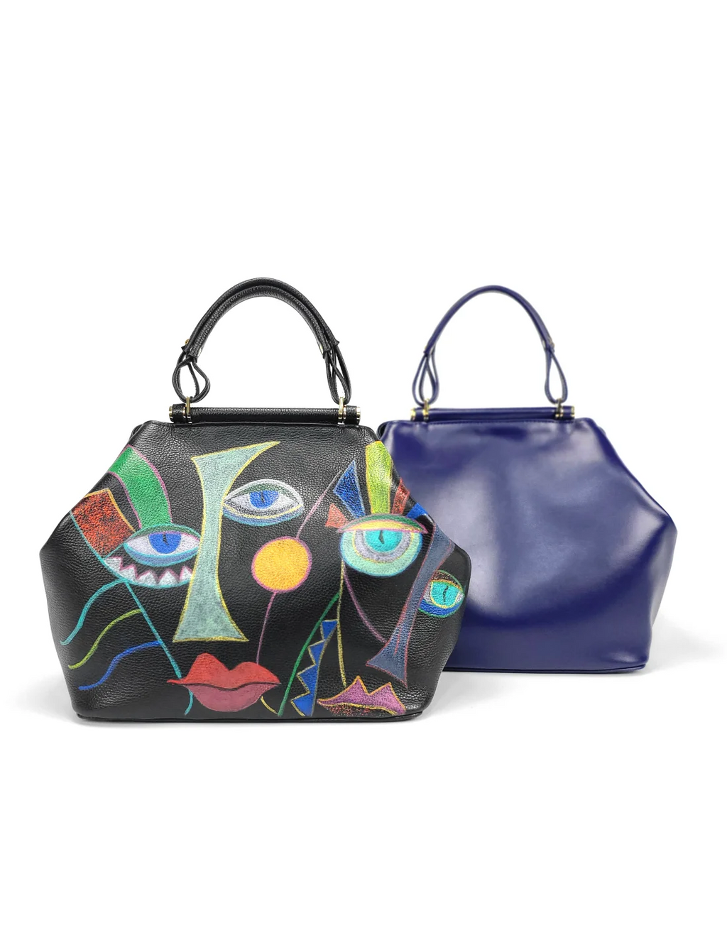 Geanta din piele naturala pentru dama IRIS neagra, pictata manual