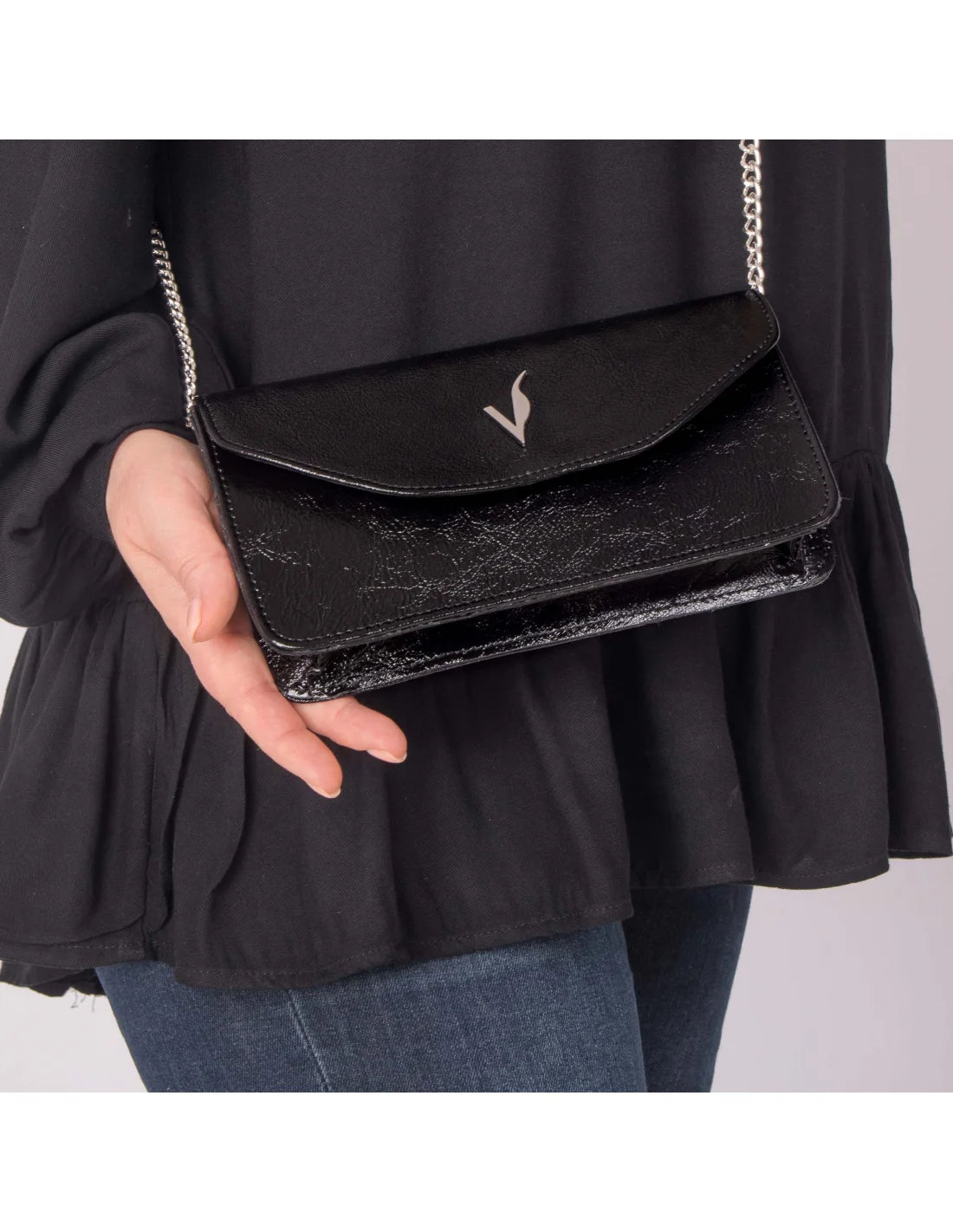 Geanta pentru telefon, crossbody, din piele naturala, SOFIA, flap, negru