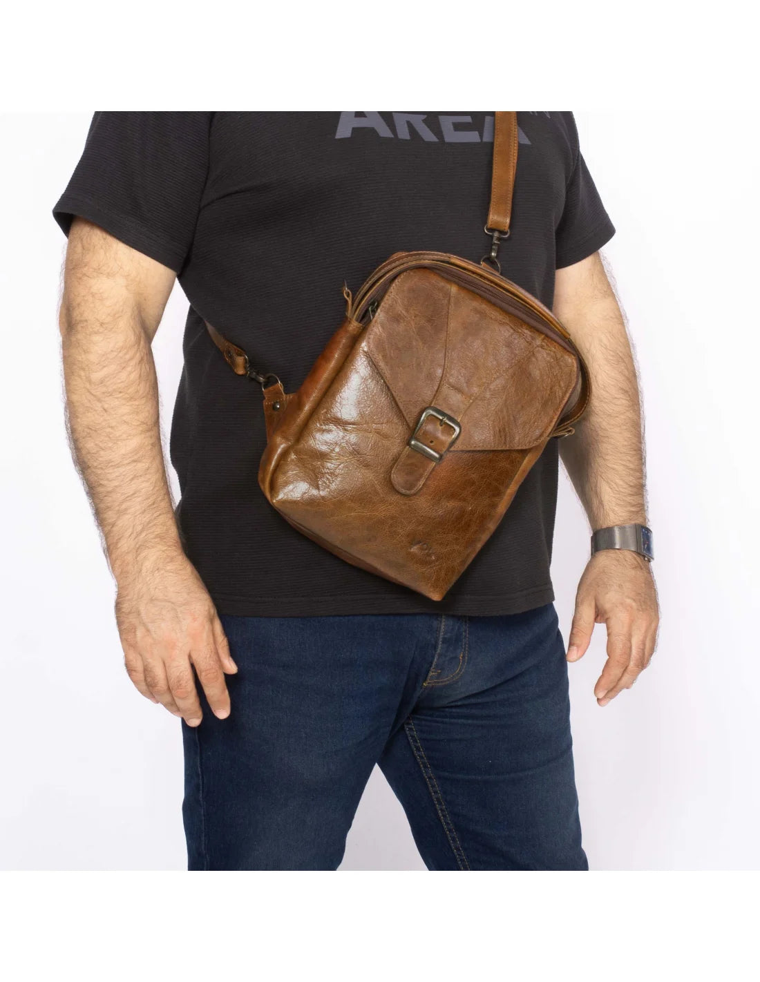 Geanta din piele naturala tabacita vegetal, pentru barbati, borseta, coniac